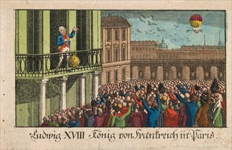 Print shows Madame Madeleine Sophie Blanchard in balloon above Pont Neuf, Paris, May 3, 1814, waving a flag in each hand to greet King Louis XVIII and the Queen on their return to Paris following the ...