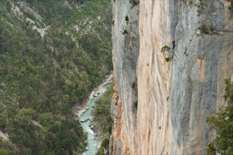 Climber on a rockface at the Gorges du Verdon - Provence, France.