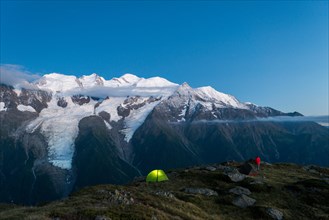 WIld camping on the GR5 trail or Grand Traverse des Alps near Refuge De Bellachat with views of the Mont Blanc, Chamonix, French Alps, France