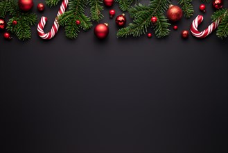 Black Christmas background. Decorative border of fir branches, red Christmas balls and Candy canes. Copy space for text