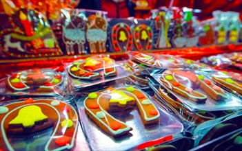 Typical Christmas stand with gingerbread cookies reflex