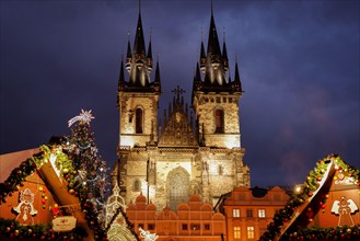 Towers of Church of Our Lady on a clear December evening in the Old Town of Prague, Czech Republic