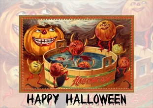 Vintage halloween greetings. Pumpkin-Head's bath time. Guaranteed to raise a smile.