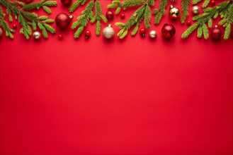 Red christmas background. Top view, flat lay with copy space for text