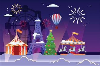 Christmas and New Years holiday in Paris. Vector flat illustration of cityscape with Eiffel tower, Christmas tree and amusement park carousel. Winter