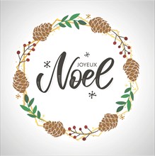 Merry Christmas card template with greetings in french language. Joyeux noel. Vector illustration EPS10