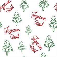 Christmas tree and Merry Christmas in French simple vector seamless pattern in cute cartoon style, decorative forest fir-tree for textile, gift paper, family gatherings winter holidays design