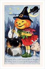 Vintage Halloween greeting card / postcard. Early 1900s. A pumkin with a kettle. A black cat in the background.