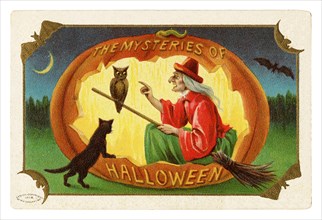 Vintage Halloween greeting card / postcard. Early 1900s. The Mysteries of Halloween. A Witch in pumpkin with an owl and a black cat.