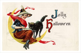 Vintage Halloween greeting card / postcard. Early 1900s. Jolly Halloween. A Witch on the moon with her black cat.