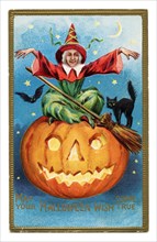 Vintage Halloween greeting card / postcard. Early 1900s. A Witch and a black cat on a Jack-o'-lantern.