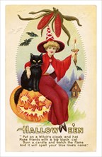 Vintage Halloween greeting card / postcard. Early 1900s. Halloween wishes from a lady in red sitting on a pumpkin beside a black cat.