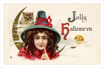 Vintage Halloween greeting card / postcard. Early 1900s. Jolly Halloween. A girl and an owl.