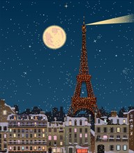 Christmas in Paris, Eiffel Tower at full moon. Vector.