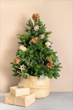 Trendy Christmas tree in wicker basket decorated with natural dry flowers and eco materials, paper DIY toys with gifts on beige background. Vertical X