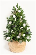 Eco Christmas tree in wicker basket decorated white snowflakes and baubles isolated on white background. Creative trendy idea for Xmas holiday. Reusab