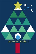 Merry Christmas artistic illustration with tree and French greetings: Joyeux Nöel!