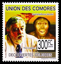 MOSCOW, RUSSIA - JUNE 12, 2022: Postage stamp printed in Comoros shows Yves Coppens, Australopithecus afarensis, Famous discoveries serie, circa 2009