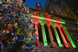 The New York Stock Exchange building decorated for Christmas at the Financial District on December 2, 2022 in New York.