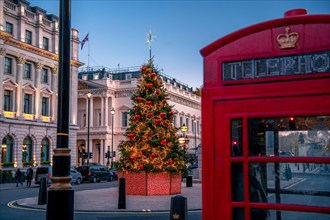 Christmas scene outdoors in London, with decorated tree and red colourful holiday lights on the street