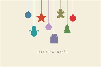 Greeting card with Merry Christmas lettering  in French (Joyeux Noël) and christmas decorations