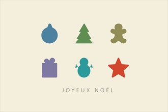 Greeting card with Merry Christmas lettering  in French (Joyeux Noël) and christmas decorations