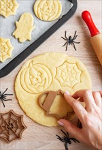 Preparation of festive cookies for baking in the oven. Ready-to-bake Halloween cookies shaped like pumpkins and ghosts