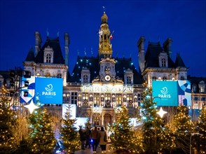 Paris, France, Town Hall at place de Hotel de ville with Christmas decoration, Editorial only.