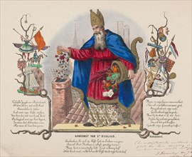 Sinterklaas throws candy into a chimney, Arrival of St. Nicholas (title on object), Sinterklaas stands on a roof and throws candy into a chimney. Under his left arm he has a horn of plenty with a rod ...