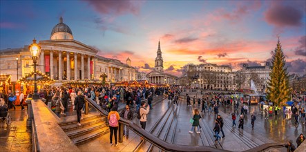 London, UK - November 25, 2023: Twilight at Trafalgar Square with golden sunset hues, reflecting on wet streets—capturing London's vibrant evening cha