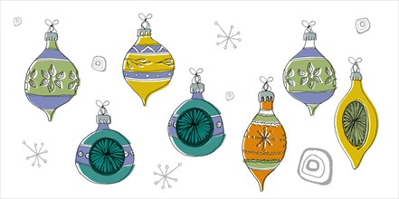 Illustration of 1950's style Baubles hanging from a fir tree branch. Illustration by Julie Miller