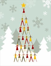 Christmas tree made of people with a yellow star on the top over a snowy background. Vector file available.