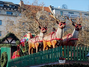 The reindeer and sleigh are ready in the Christmas market  (Weihnachtsmarkt) in the Rudolfplatz, Cologne, Germany, December 2014