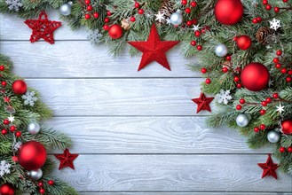 Christmas background with blue wooden board and fir branches decorated with red and silver baubles and stars - modern, simple an