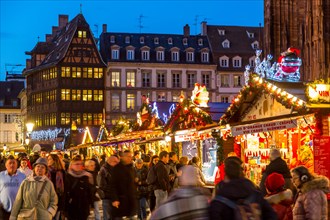 Christmas time in Strasbourg, Alsace, France, Xmas illumination, Christmas market around the cathedral, old town,