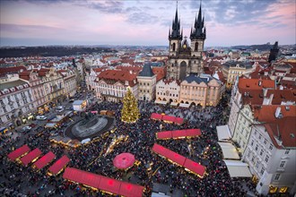 Christmas markets in Prague's Old Town Square. Panoramic view from tower, Prague, Czech Republic