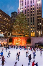 Lower Plaza of Rockefeller Center with ice skating rink and Christmas tree, Manhattan, New York, USA