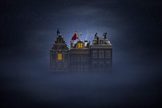 Sinterklaas and the Pieten on the rooftops at night, a scene for the traditional Dutch holiday 'Sinterklaas', 3d render.