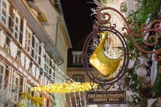 Sign of "La boutique du Gourmet Georges BRUCK’S Foie Gras", along the Carré d’Or Strasbourg, Alsace, wine route, France