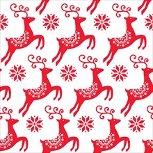 Scandinavian folk art Christmas vector pattern, Nordic red seamless design with reindeer and snowflakes  Xmas cute vector wallpaper, Norwegian repetit