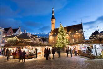 Christmas market in the Town Hall Square (Raekoja Plats) and Town Hall, Old Town, Tallinn, Estonia, Europe