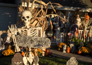 Halloween decorations in front of a house in Ramsey, New Jersey