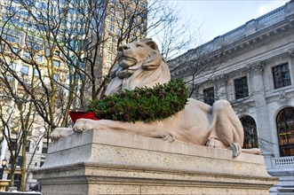 Stone lion at the entrance to the New York Public Library Main Branch in Midtown, Manhattan, New York.