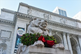 Stone lion at the entrance to the New York Public Library Main Branch in Midtown, Manhattan, New York.