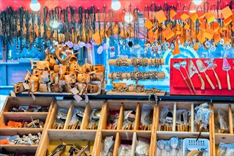 Market stall with traditional souvenirs in winter Rovaniemi, Lapland, Finland.