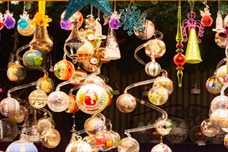 Beautiful colorful christmas decorations and balls in Wien Rathaus Market, Austria