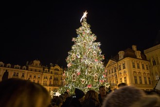 Night scene of Old Town Square with the Christmas tree in Prague