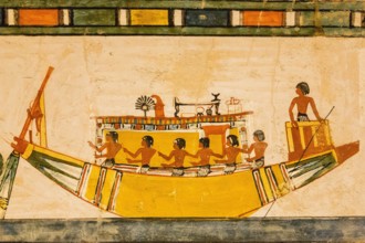 Luxor in Egypt, Valley of the Nobles, tomb of Menna. The funeral boat crosses the Nile. Amongst the objects, a bed, a fan and a mirror.