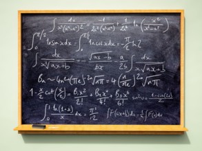 School or University blackboard with advanced mathematical formulas and equations (algebra) written on it