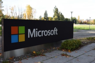 Large Microsoft sign on the street next to Redwest headquarters campus in Redmond, Washington, USA. Copy space.